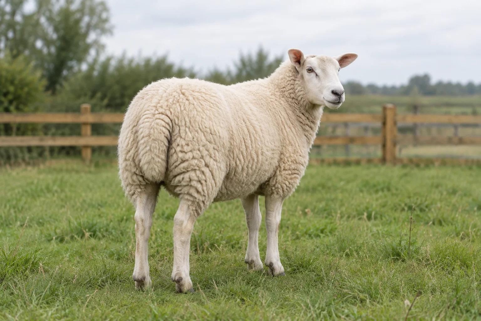 Illustration d’un mouton blanc à la queue couverte de laine dans une prairie clôturée.
