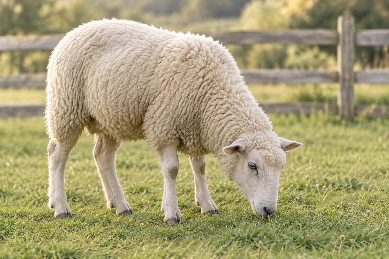 Un mouton blanc broute, la tête baissée, dans une prairie verdoyante.