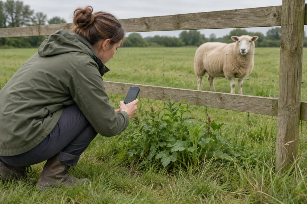 Une personne photographie des plantes près d’une barrière en bois dans un pré. Un mouton se trouve de l’autre côté de la barrière.