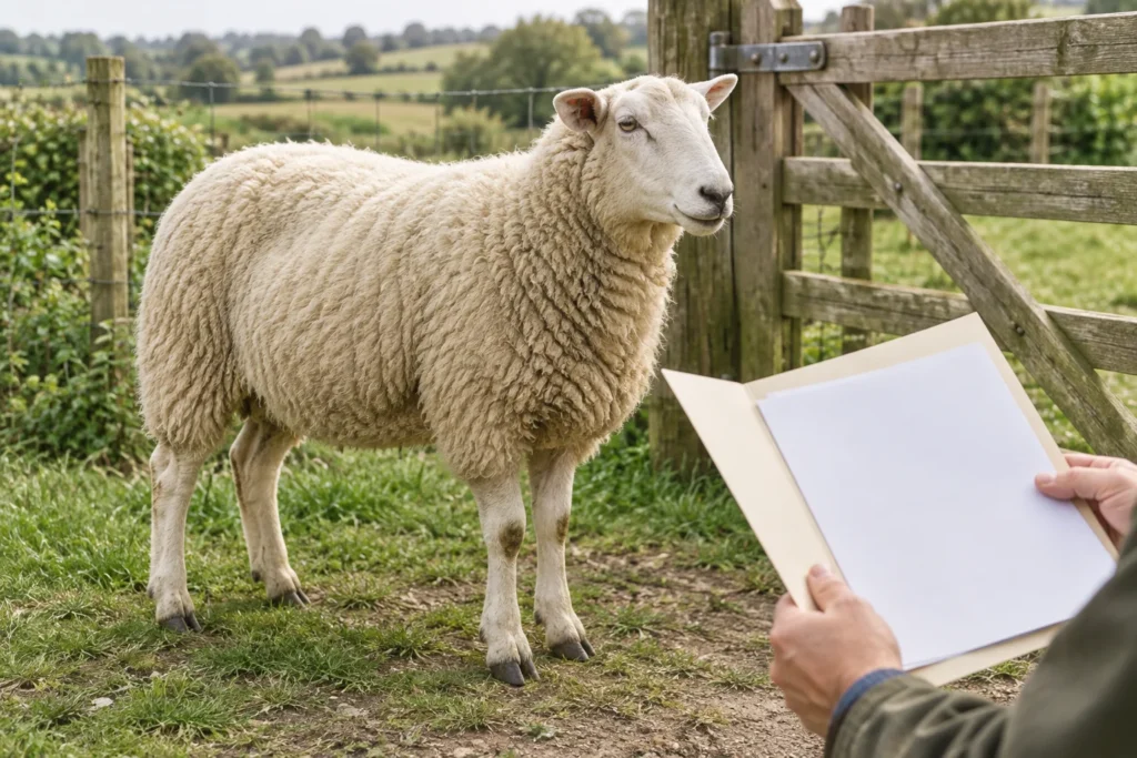 Illustration d’un mouton près d’une clôture, à côté d’une personne tenant un dossier ouvert contenant des feuilles vierges.