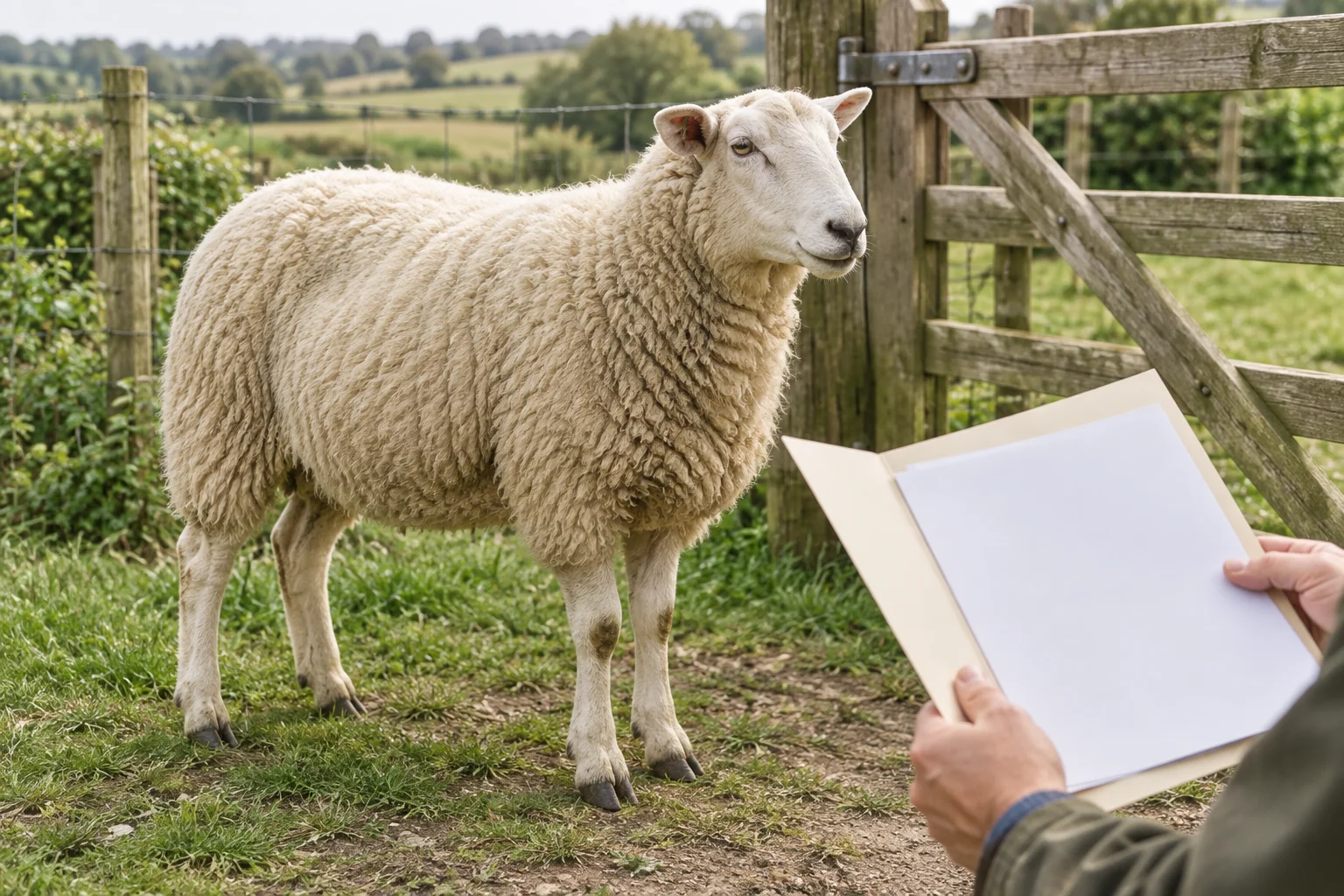 Illustration d’un mouton près d’une clôture, à côté d’une personne tenant un dossier ouvert contenant des feuilles vierges.
