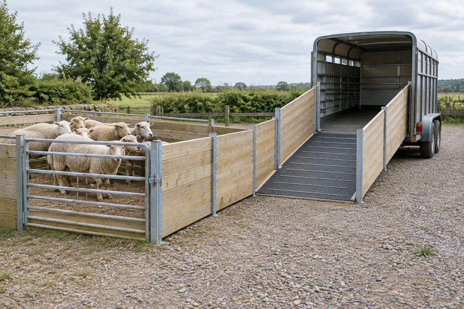 Illustration de moutons dans un enclos à côté d'une remorque de transport, avec une rampe de chargement abaissée et de hautes parois latérales.