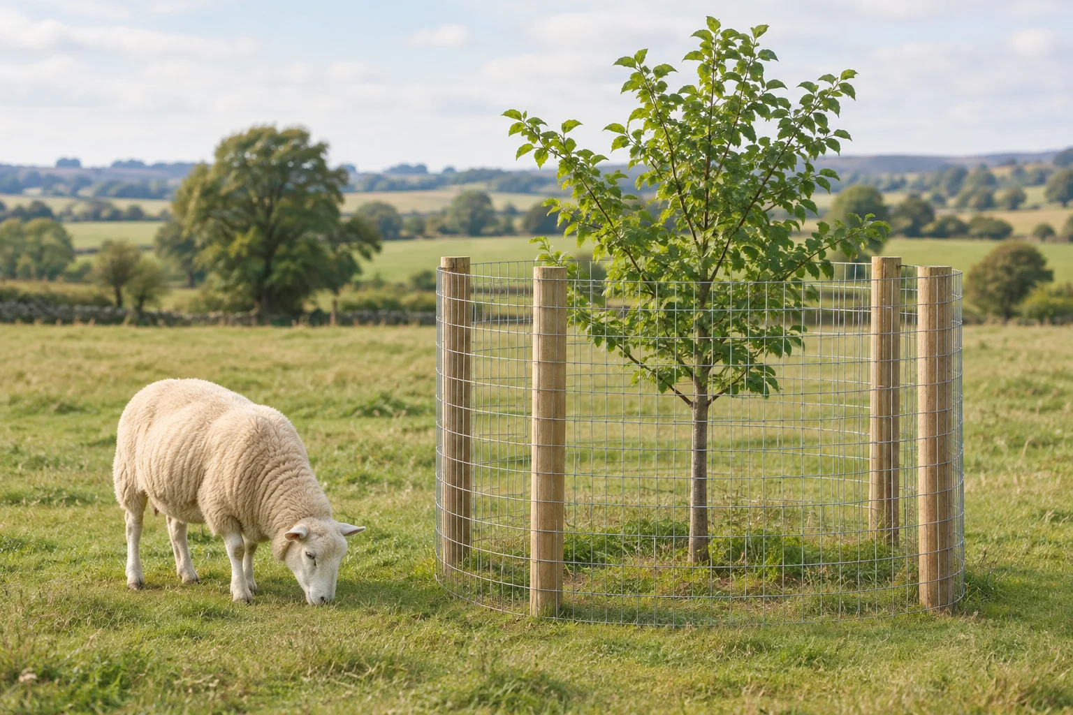 Un mouton pâture près d’un jeune arbre entouré d’une clôture circulaire en grillage et en piquets de bois.