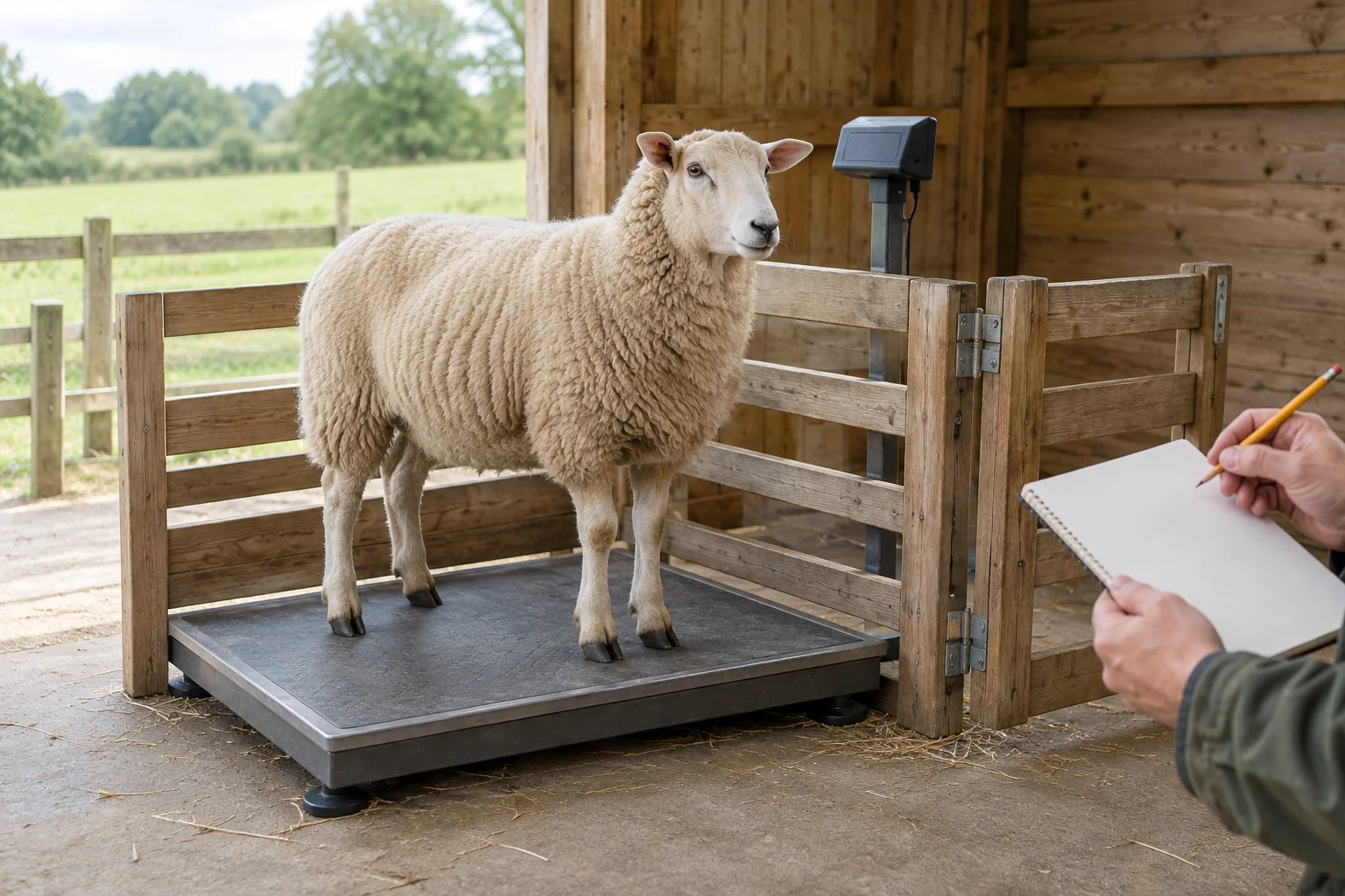 Un mouton se tient sur une plateforme de pesée dans un enclos en bois. À côté de l’animal, une personne tient un carnet vierge et un crayon.