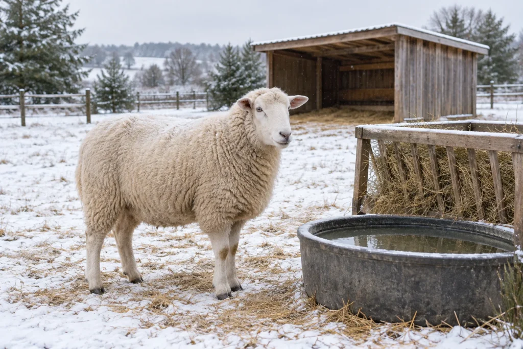 Un mouton blanc se tient dans un pré enneigé, à côté d’un abreuvoir rempli d’eau et d’un râtelier contenant du foin. Un abri en bois se trouve au fond.