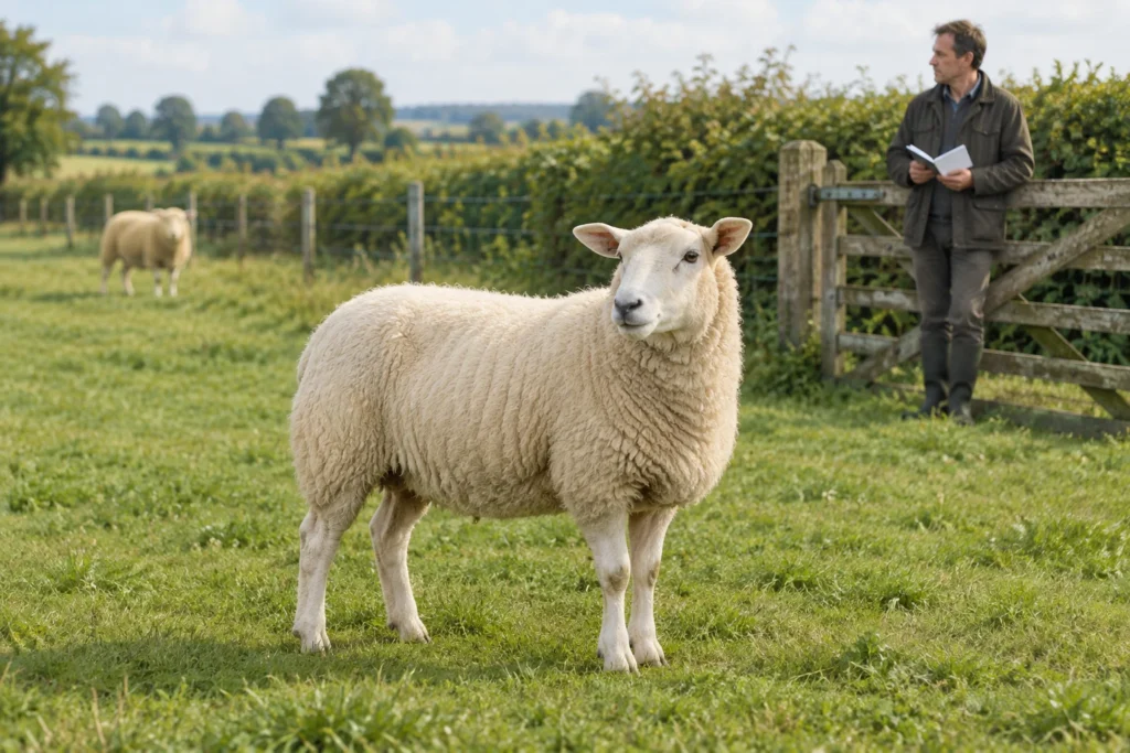 Un mouton blanc se tient dans une prairie ; près d’une clôture en bois, un éleveur l’observe avec un carnet ouvert.