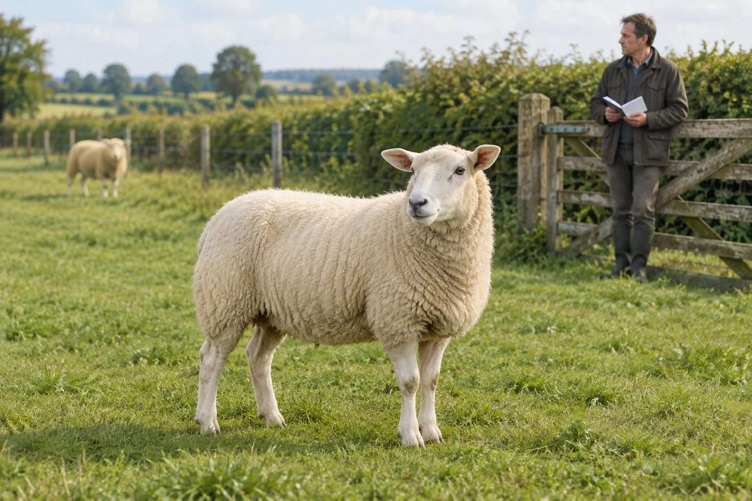Un mouton blanc se tient dans une prairie ; près d’une clôture en bois, un éleveur l’observe avec un carnet ouvert.