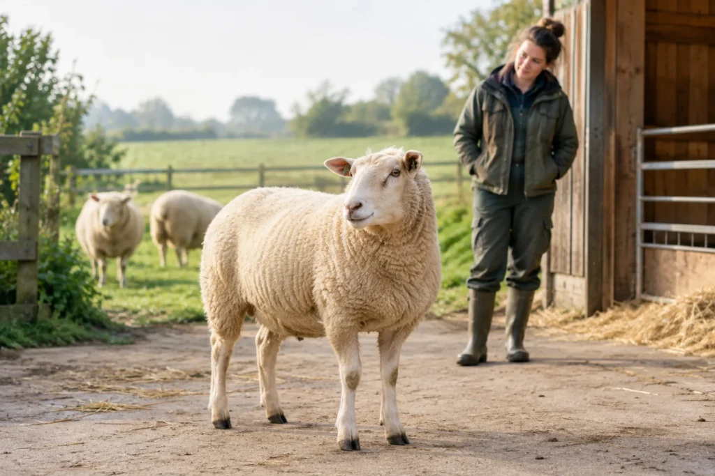Un mouton se tient près d’une bergerie tandis qu’une personne qui s’en occupe l’observe à courte distance. Deux autres moutons se trouvent au fond de l’image.