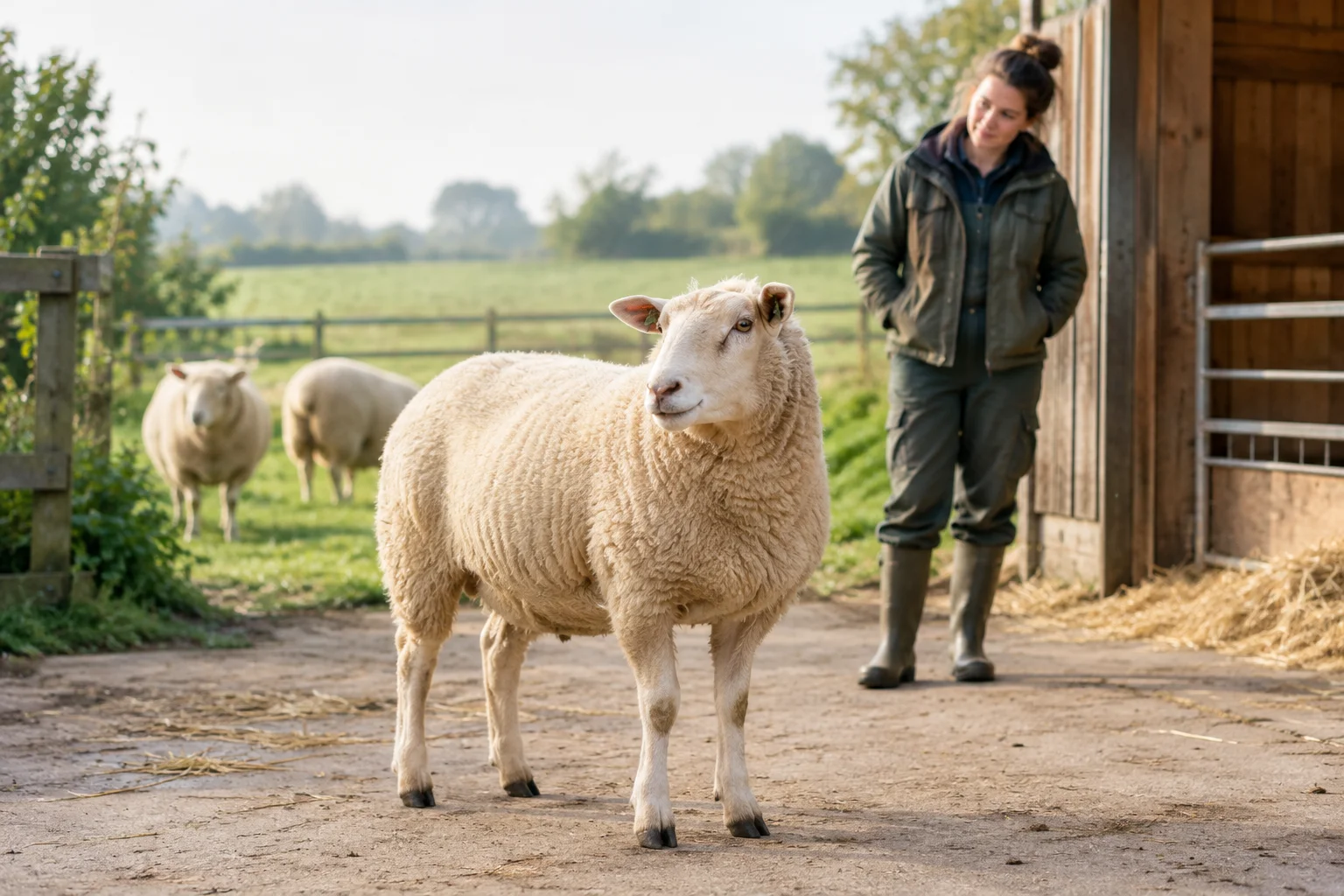 Un mouton se tient près d’une bergerie tandis qu’une personne qui s’en occupe l’observe à courte distance. Deux autres moutons se trouvent au fond de l’image.