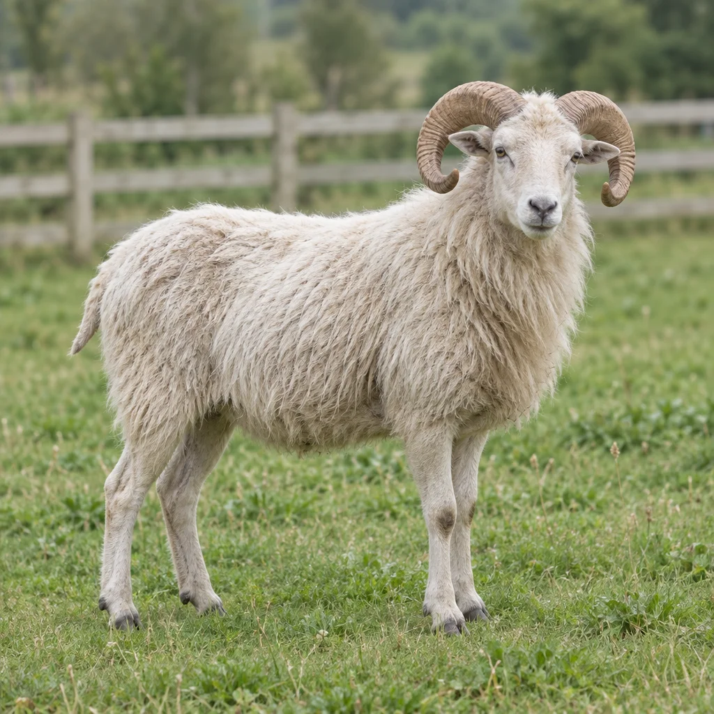 Un mouton blanc aux grandes cornes recourbées se tient dans un pré herbeux devant une clôture en bois, ses quatre pattes visibles.