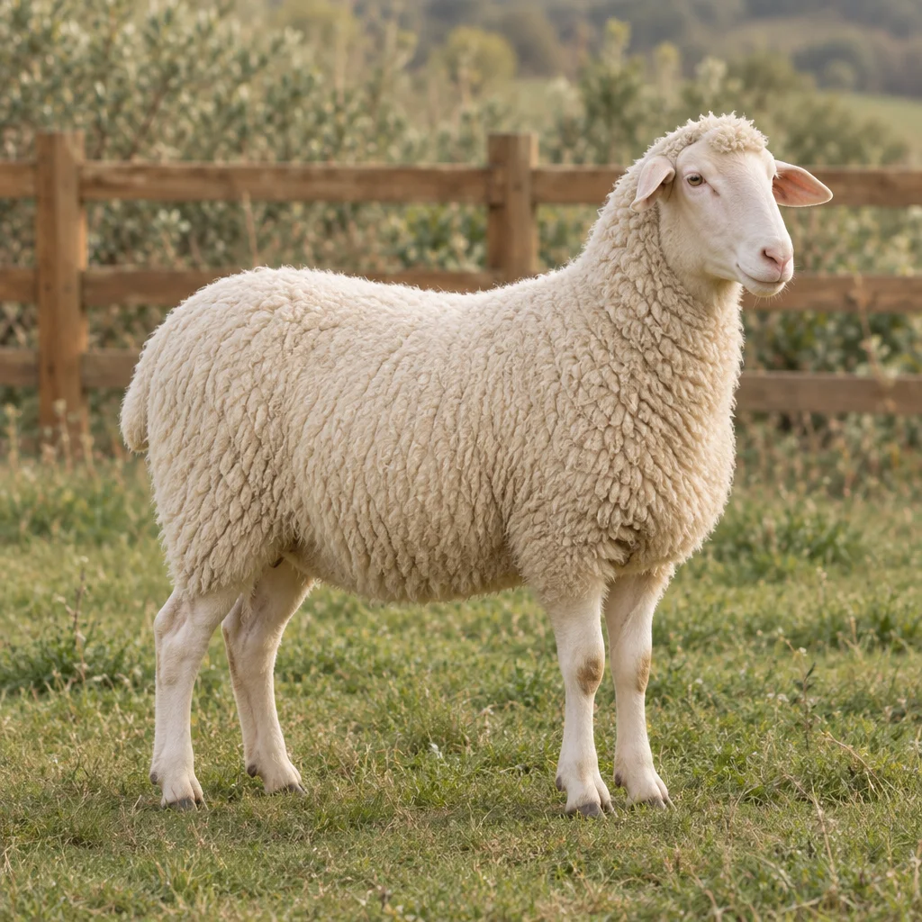 Un mouton blanc sans cornes se tient dans une prairie devant une clôture en bois, les quatre pattes visibles.