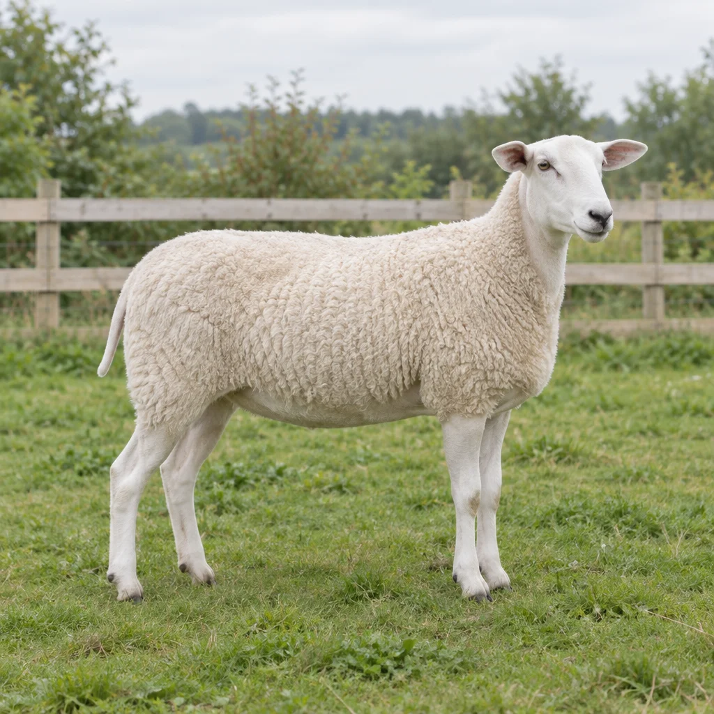 Un mouton blanc à la tête et aux pattes dépourvues de laine se tient dans une prairie, devant une clôture en bois.