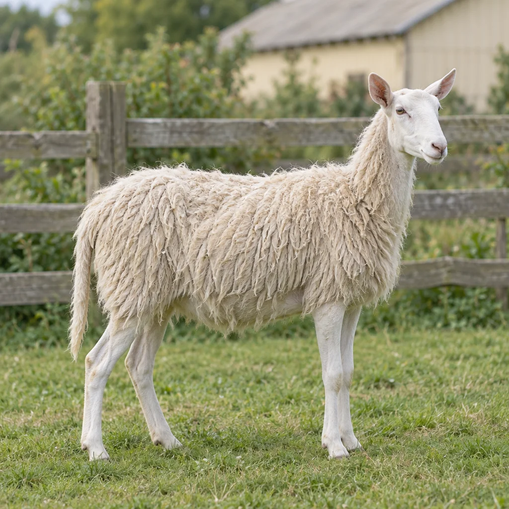 Illustration d’un mouton blanc à la toison longue et lâche dans un pâturage clôturé.