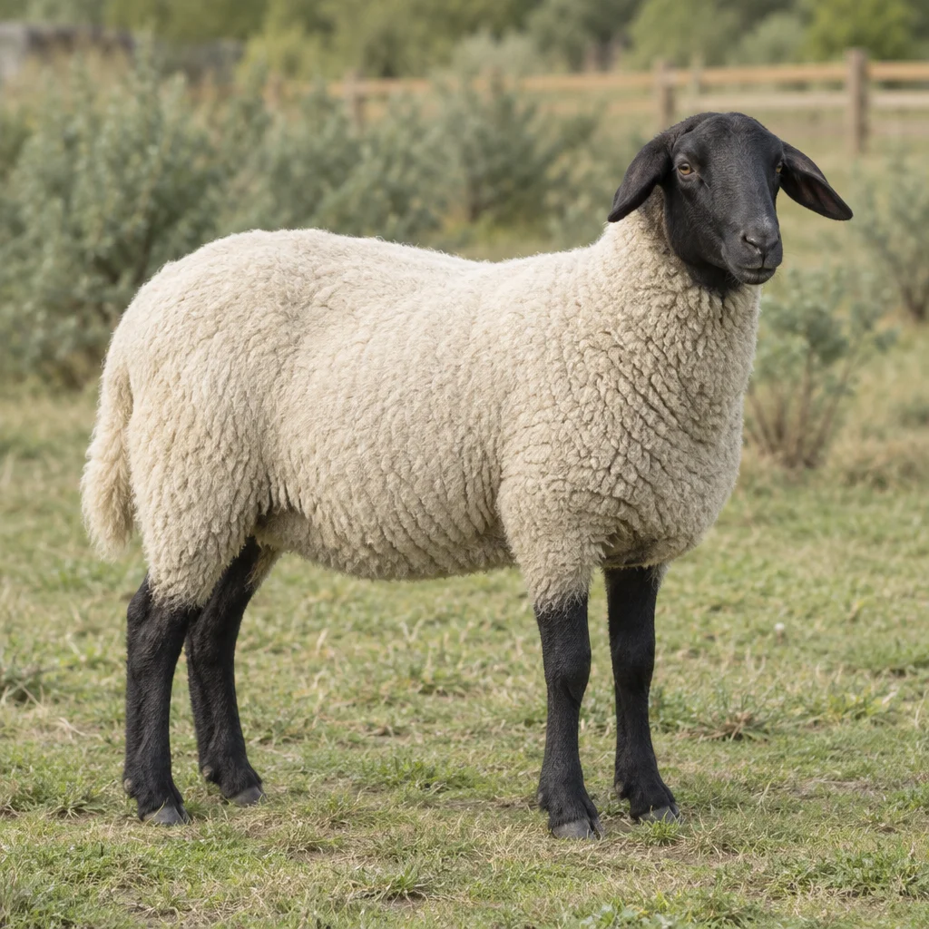 Illustration d’un mouton à tête, oreilles et pattes noires, avec une laine claire, dans un pré.