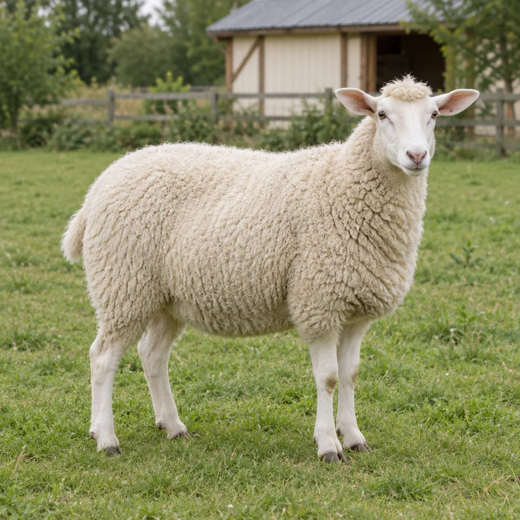 Un mouton blanc avec une touffe de laine sur le front se tient sur l’herbe devant un abri en bois.