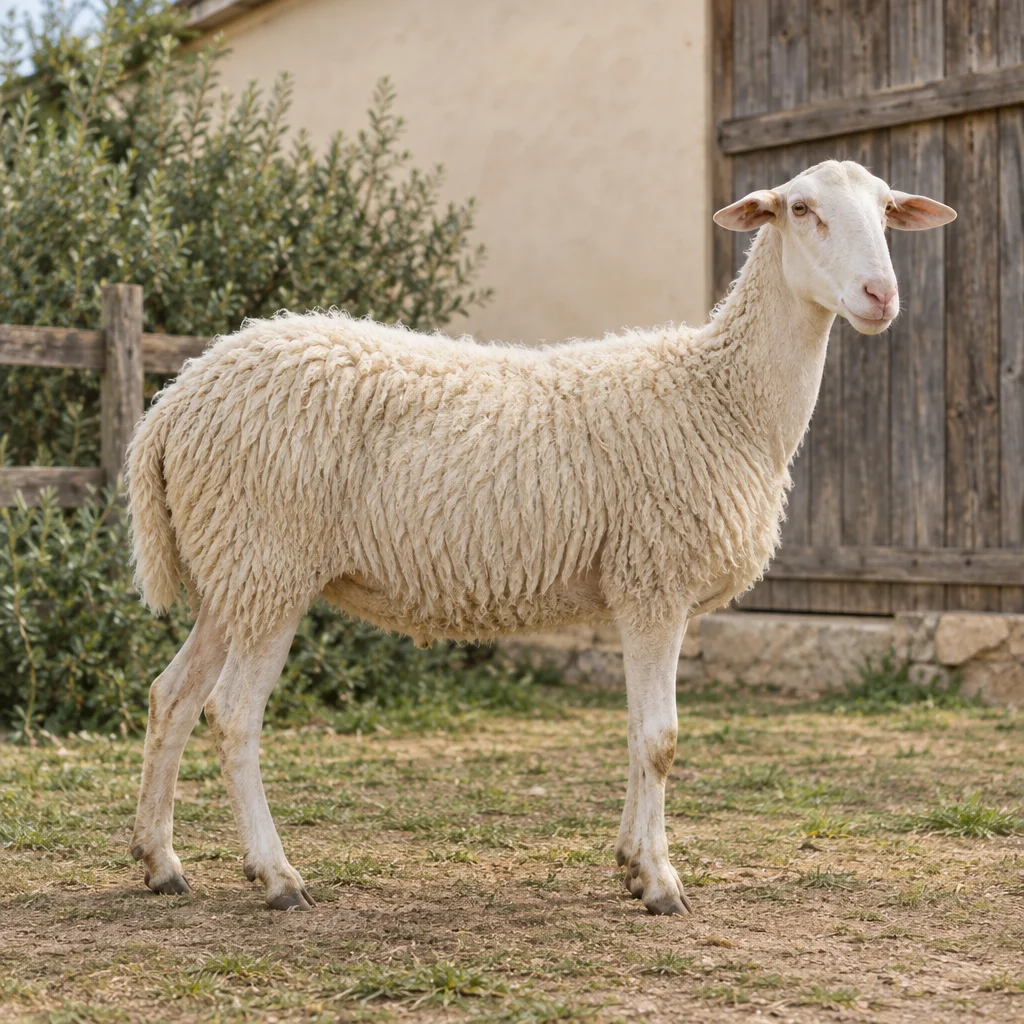 Un mouton blanc à la tête étroite et au contour des yeux clair se tient devant une grange en bois, les quatre pattes visibles.