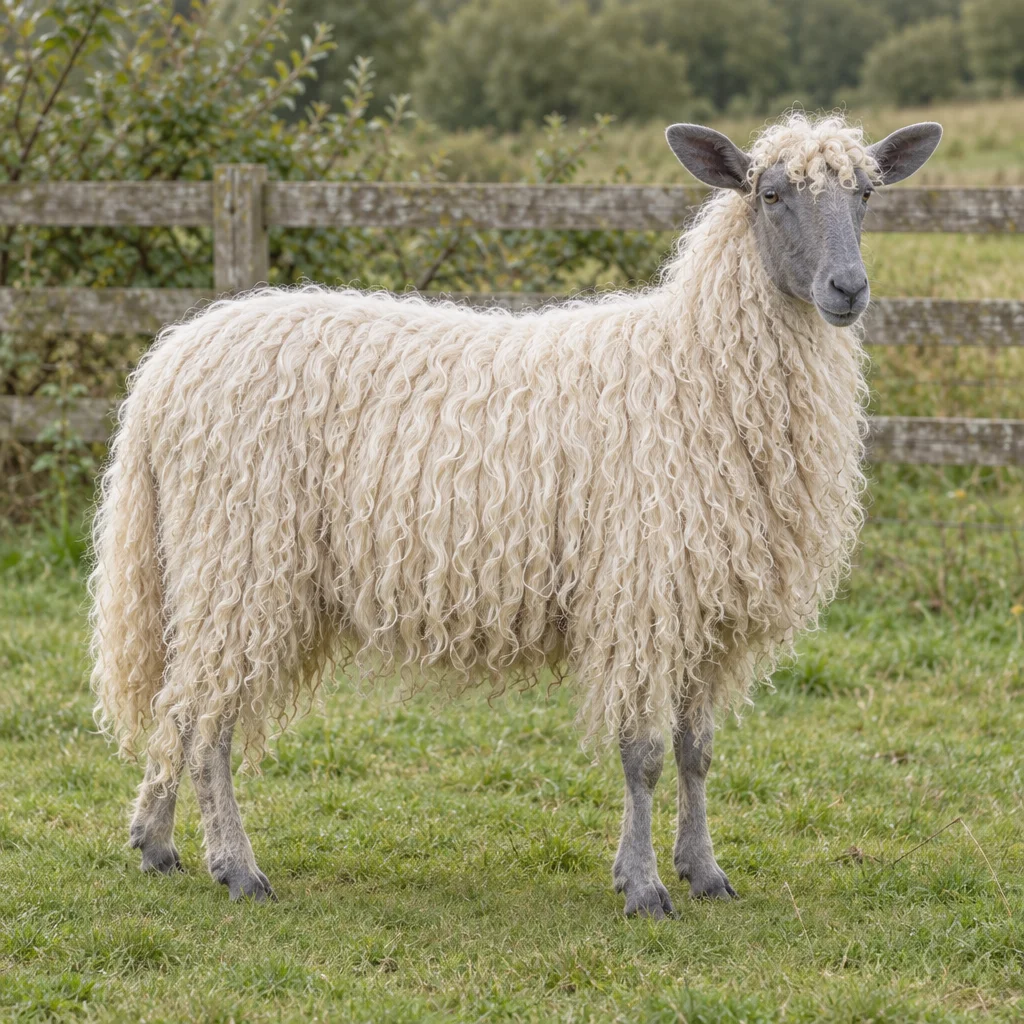 Un mouton à la longue laine blanche bouclée, à la tête et aux oreilles gris bleuté, est entièrement visible sur l’herbe devant une clôture en bois.