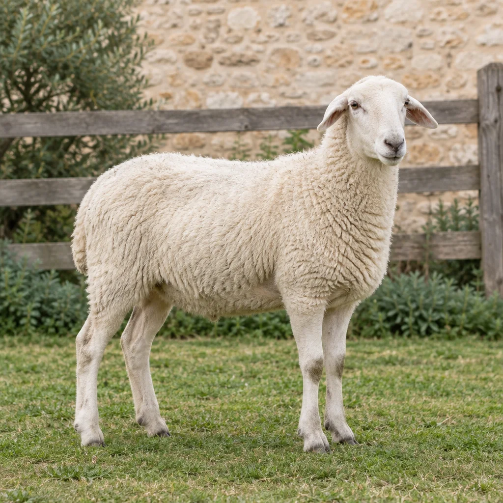 Un mouton blanc sans cornes se tient sur l’herbe, les quatre pattes visibles, devant une clôture en bois et un mur en pierre.