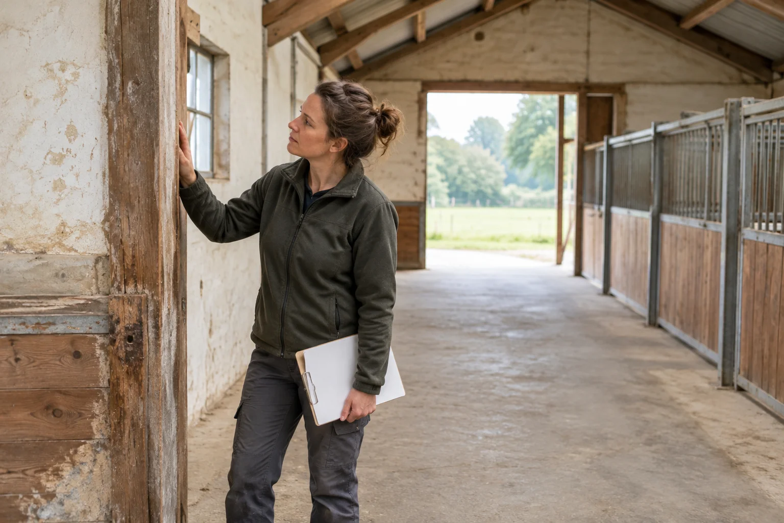 Une femme examine un montant de porte en bois dans une étable vide, un porte documents à la main.