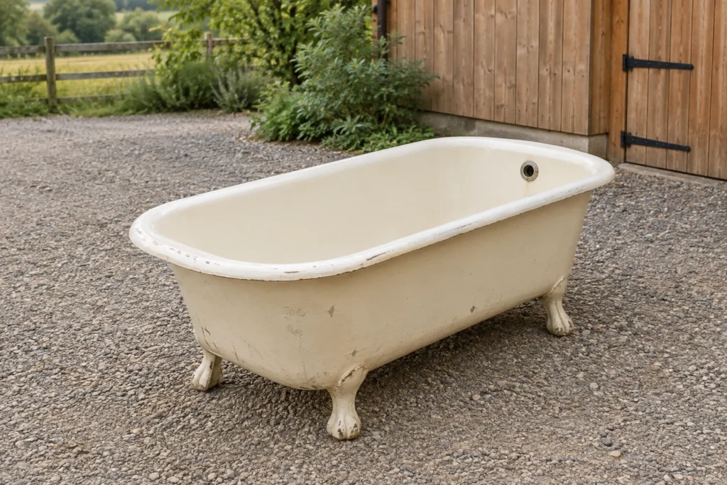 Ancienne baignoire vide sur une surface gravillonnée à côté d’une grange en bois.
