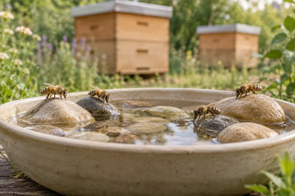 Quatre abeilles domestiques sont posées sur des pierres qui dépassent de l’eau dans une coupelle peu profonde, avec des ruches en fond d’image.