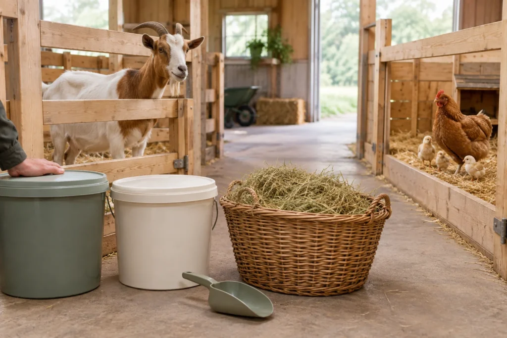 Dans une étable en bois, une chèvre et une poule avec ses poussins se trouvent dans des enclos séparés. Au premier plan se trouvent deux seaux fermés, un panier de foin et une pelle.
