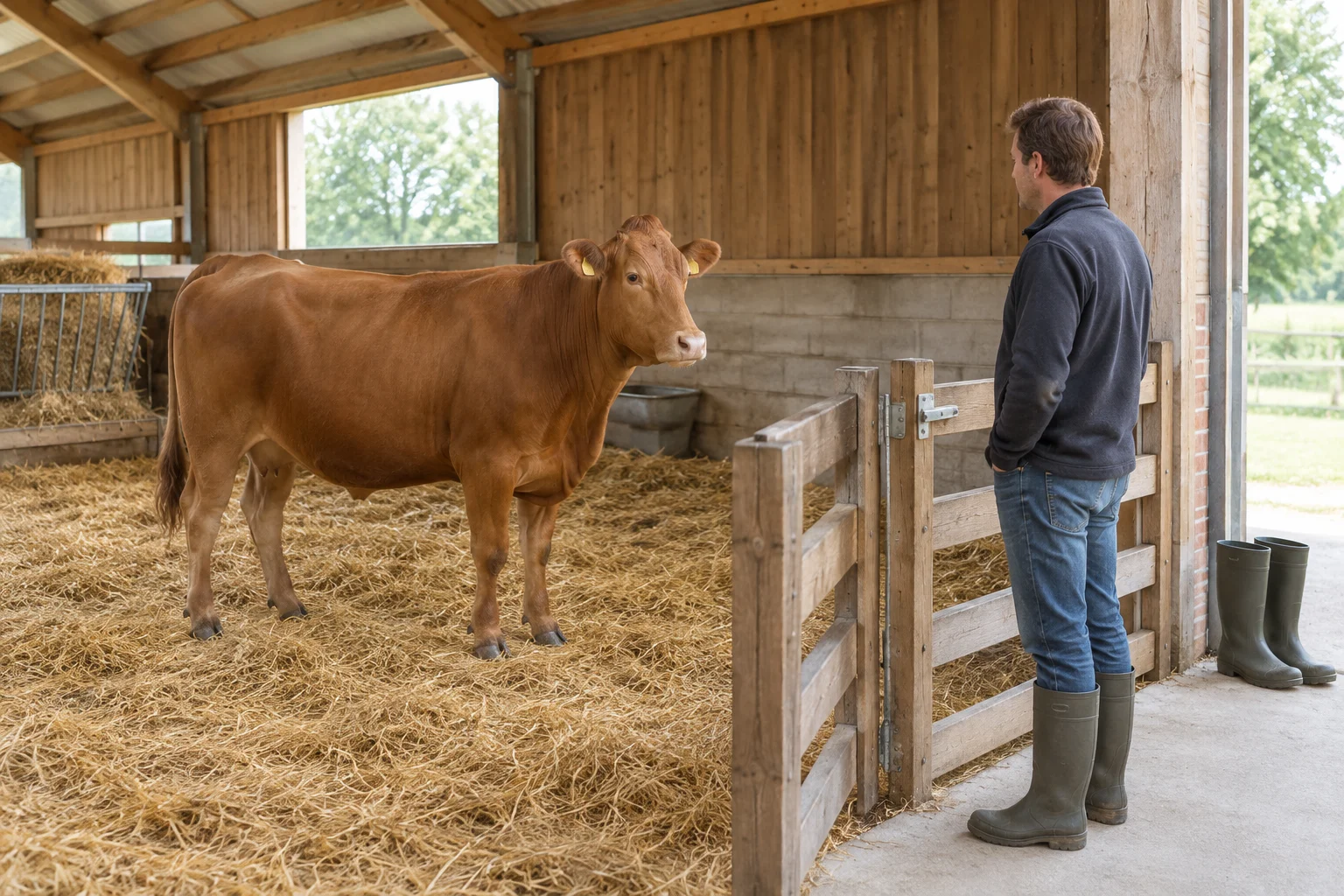 Un bovin brun se tient sur de la paille dans un bâtiment d’élevage, tandis qu’une personne qui s’en occupe l’observe derrière une barrière en bois. Une paire de bottes se trouve à l’entrée.