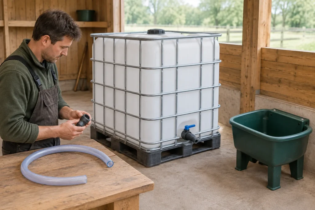 Une personne examine un raccord non monté à côté d’une cuve IBC. Un tuyau repose sur l’établi ; à droite se trouve un abreuvoir vert non monté.