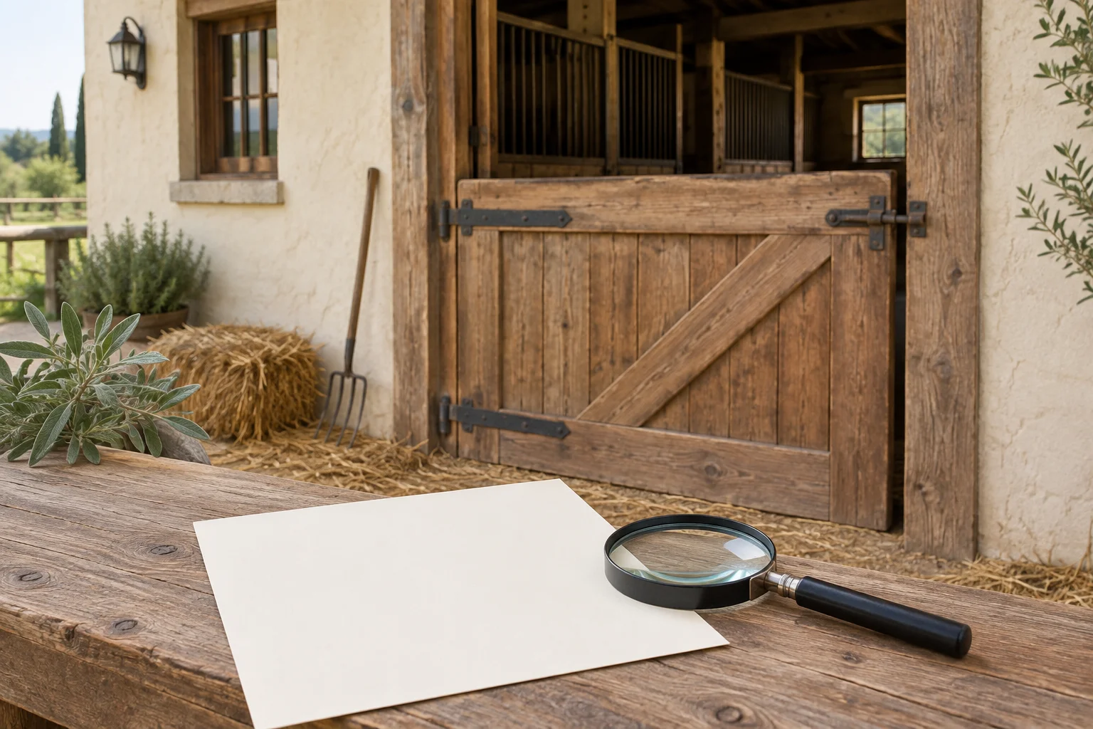 Illustration d’une loupe posée sur une feuille de papier vierge, sur une table en bois devant un bâtiment d’élevage.