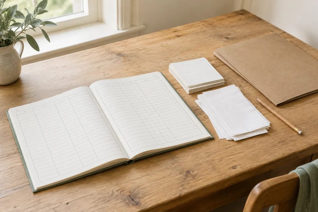 Registre comptable ouvert, sans inscriptions, sur une table en bois, à côté de feuilles volantes, d’un dossier et d’un crayon.