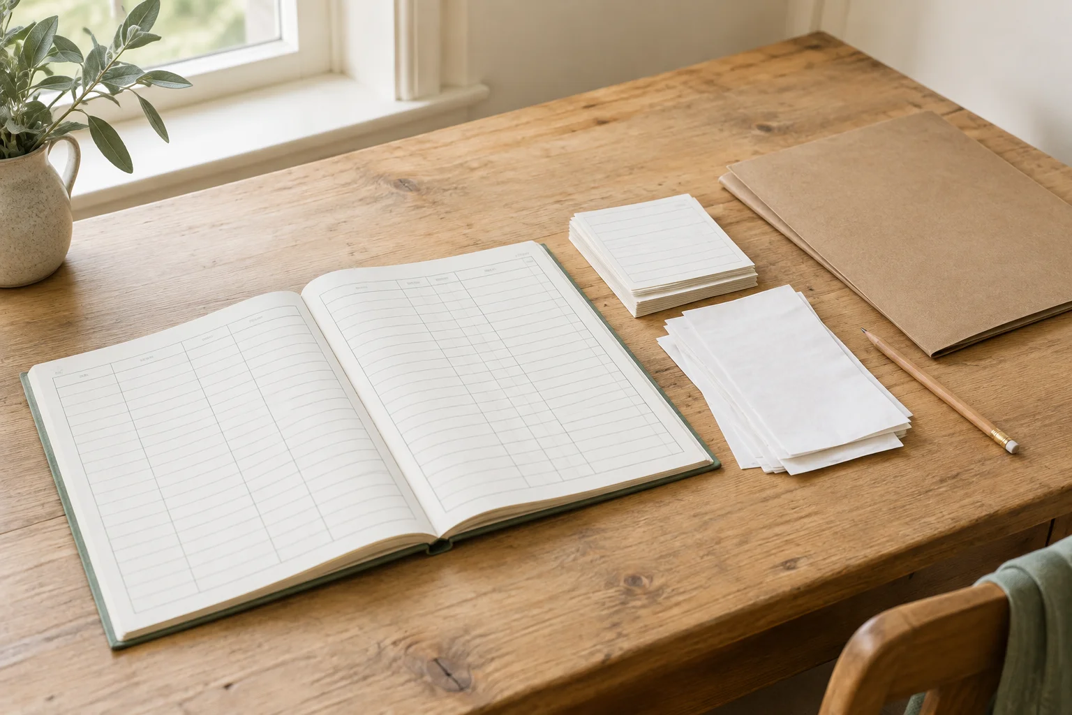Registre comptable ouvert, sans inscriptions, sur une table en bois, à côté de feuilles volantes, d’un dossier et d’un crayon.