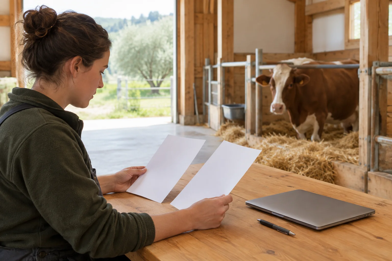 Une femme examine deux feuilles de papier vierges à une table en bois dans une étable. À côté d’elle se trouvent un ordinateur portable fermé et un stylo ; une vache se tient à l’arrière plan.