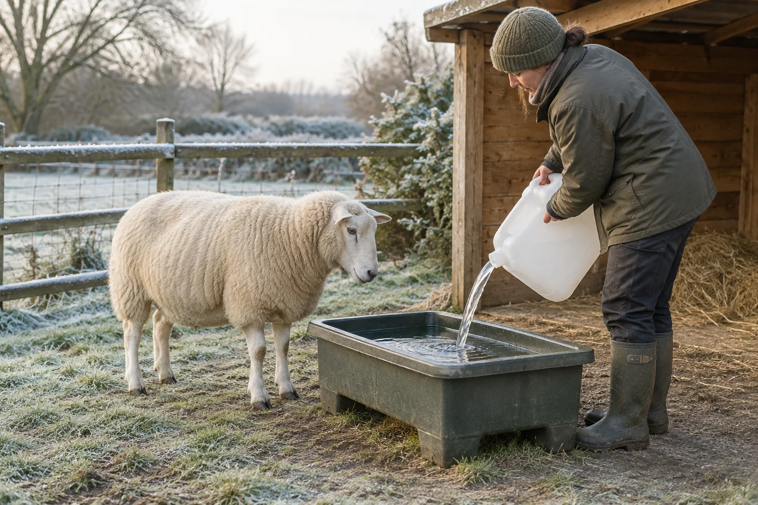 Une personne qui s’occupe des animaux verse de l’eau d’un bidon dans un bac à eau près d’un mouton, à côté d’un abri en bois, dans une cour de ferme couverte de givre.