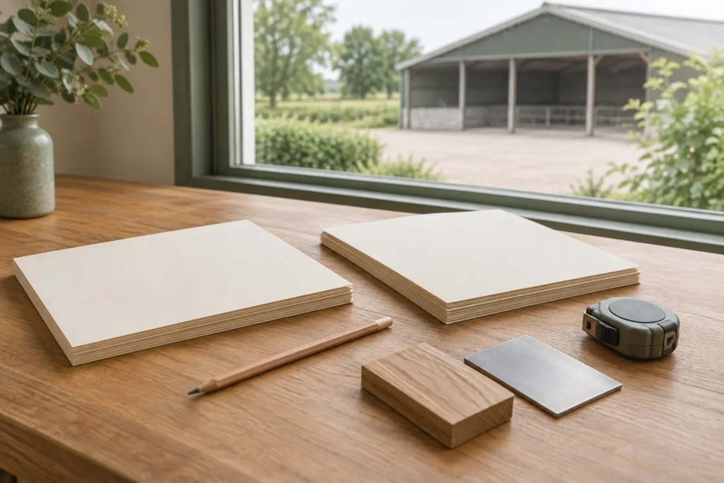 Deux piles de feuilles vierges, un crayon, un mètre ruban fermé et des échantillons de matériaux sont posés sur une table en bois. Un bâtiment d’élevage vide est visible par la fenêtre.