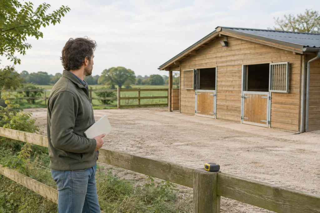 Une personne tenant un carnet fermé regarde, depuis une clôture, un bâtiment d’élevage en bois et la cour de ferme. Un mètre ruban est posé sur la clôture.