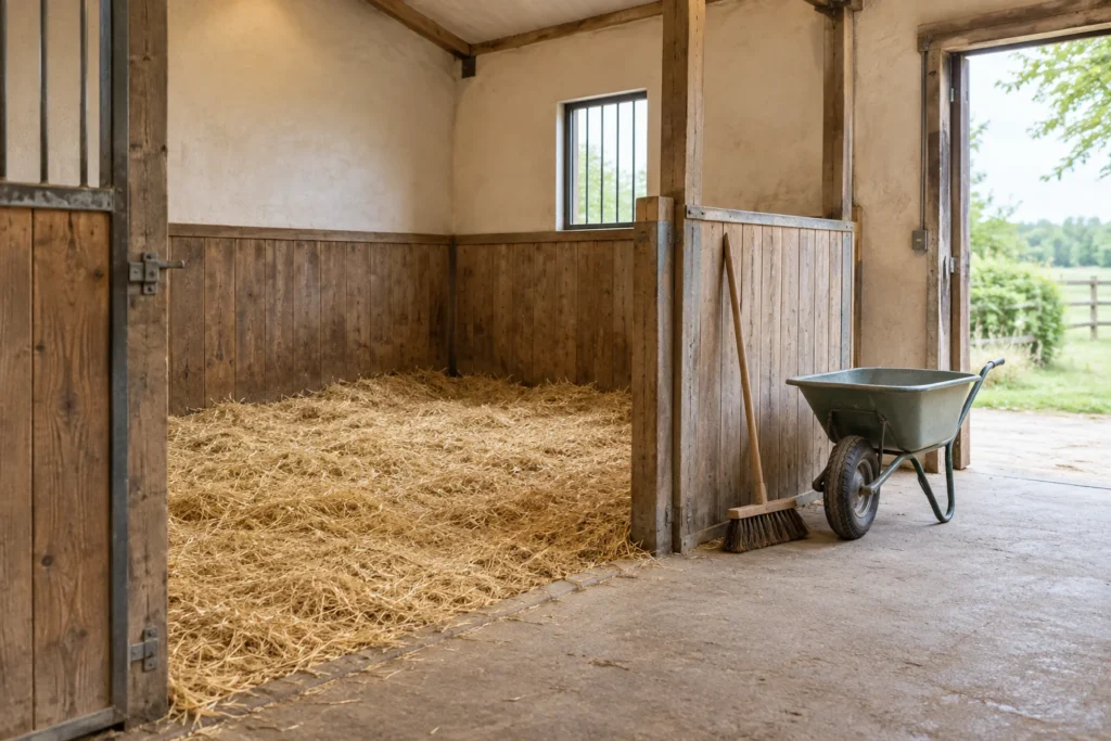 Bâtiment d’élevage vide avec de la paille, des séparations en bois, un balai et une brouette près d’une porte ouverte.