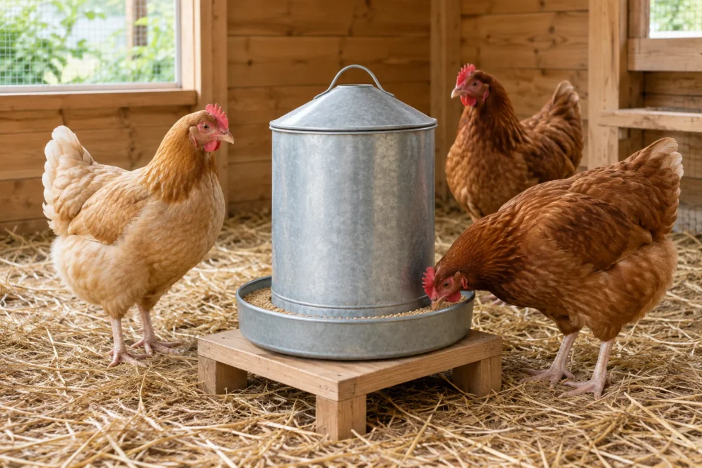 Trois poules adultes se tiennent près d'une mangeoire ronde en métal dans un poulailler avec de la paille ; l'une d'elles mange dans la mangeoire.