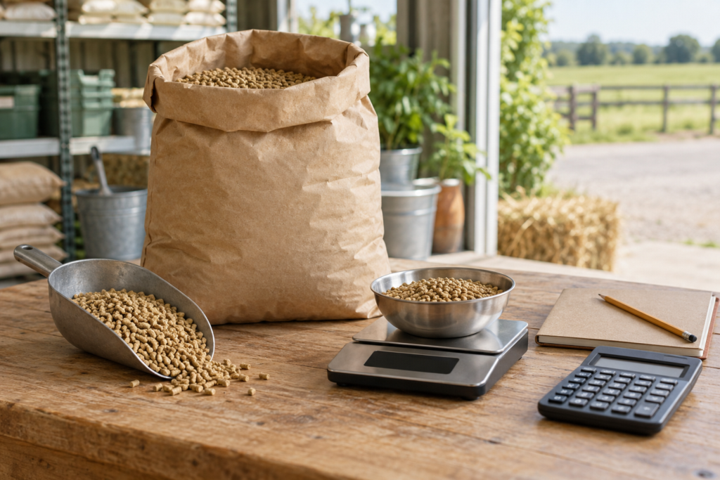 Sac d’aliment, pelle doseuse et balance sur une table en bois
