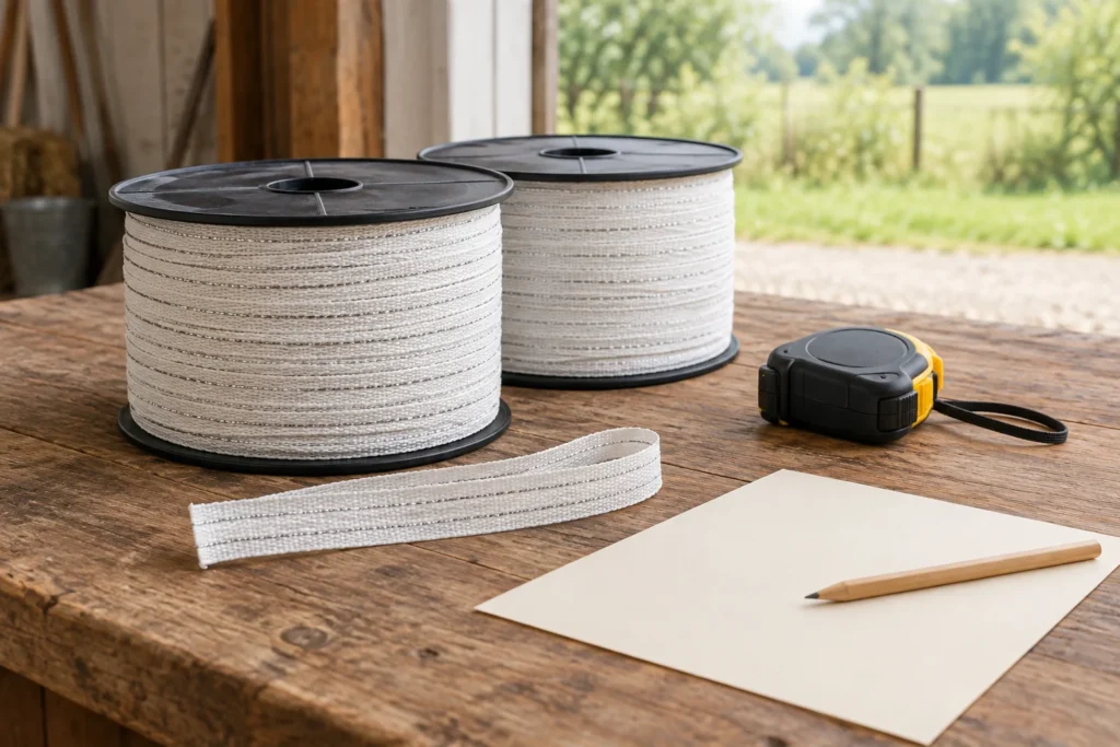 Deux rouleaux de ruban blanc pour clôture électrique avec un morceau de ruban déroulé, un mètre ruban, une feuille de papier vierge et un crayon sur une table en bois.