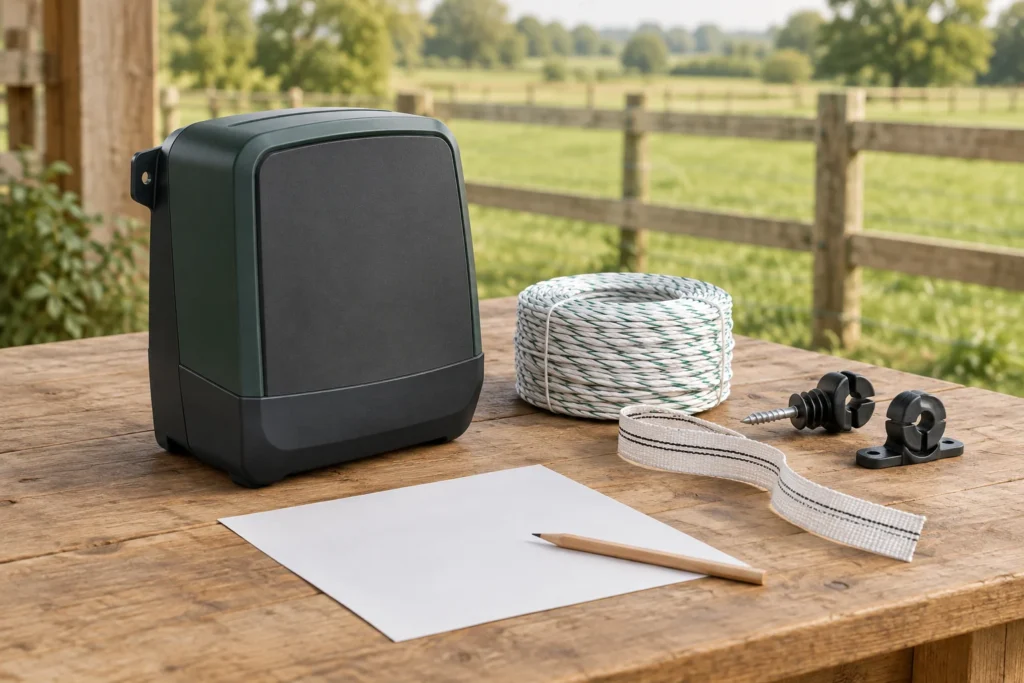 Un électrificateur de clôture sans marquage est posé sur une table en bois à côté d’un rouleau de fil de clôture électrique, d’un ruban de clôture, d’isolateurs, d’une feuille de papier vierge et d’un crayon. Une clôture en bois est visible au fond.