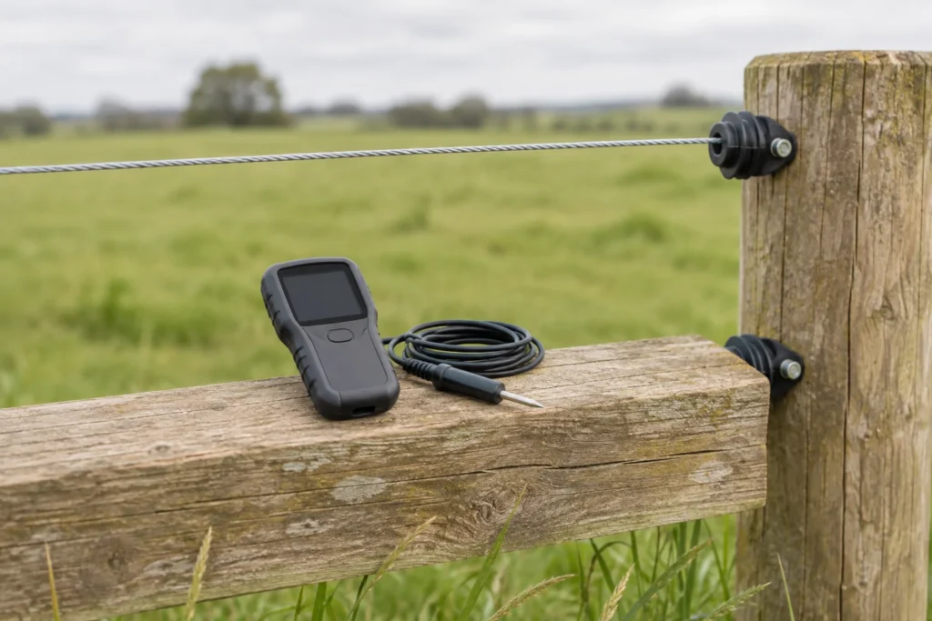 Un voltmètre à l’écran vide, accompagné d’une sonde de mesure détachée, est posé sur une barrière en bois, à côté d’un fil fixé à un poteau de clôture isolé.