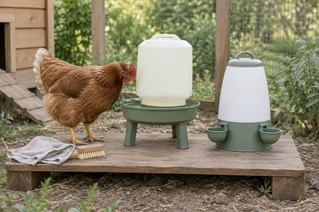 Poule brune à côté de deux abreuvoirs pour poules différents, avec un chiffon et une brosse sur une plateforme en bois.