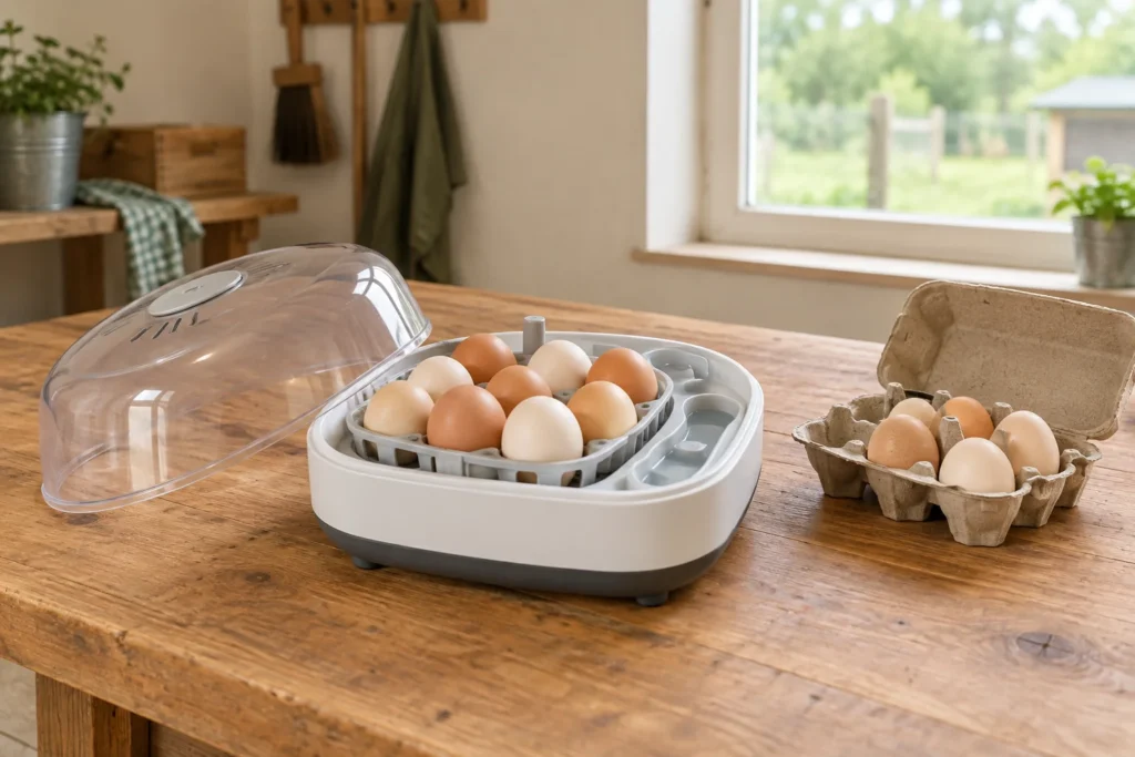 Couveuse ouverte contenant des œufs dans un support amovible, à côté d’une boîte à œufs en carton sur une table en bois.