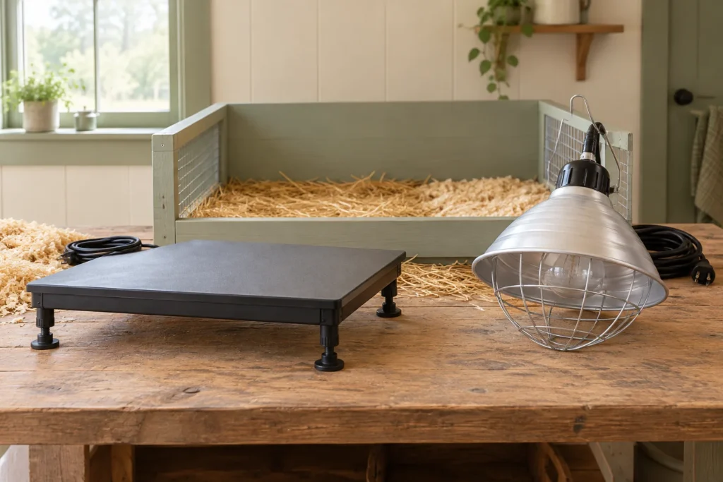 Illustration d’une plaque chauffante et d’une lampe chauffante posées sur une table en bois devant un espace vide destiné aux poussins.