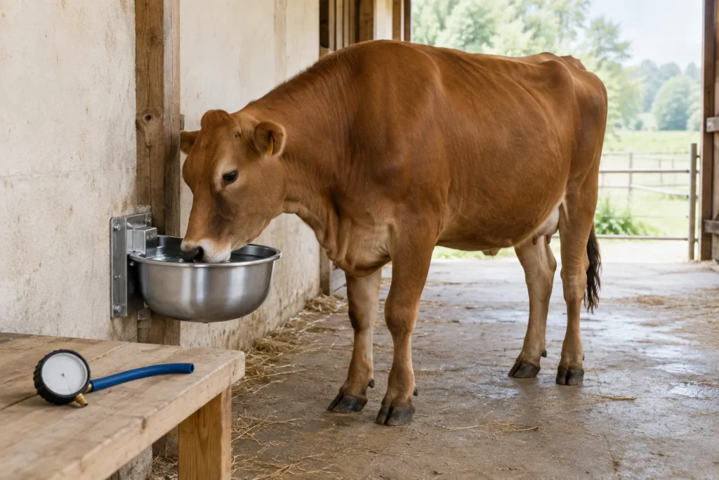 Une vache brune boit dans un abreuvoir métallique fixé au mur de l’étable. Un manomètre non raccordé et un court morceau de tuyau sont posés sur une table en bois.