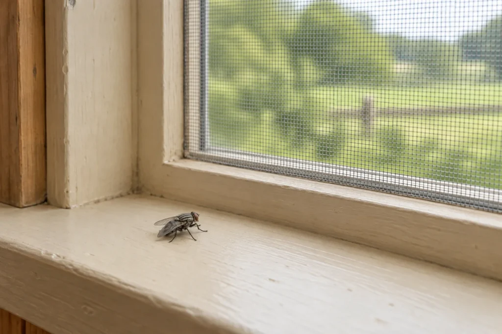 Une mouche grise est posée sur un rebord de fenêtre en bois clair, à côté d’une fenêtre équipée d’une moustiquaire. On aperçoit de la verdure à l’extérieur.