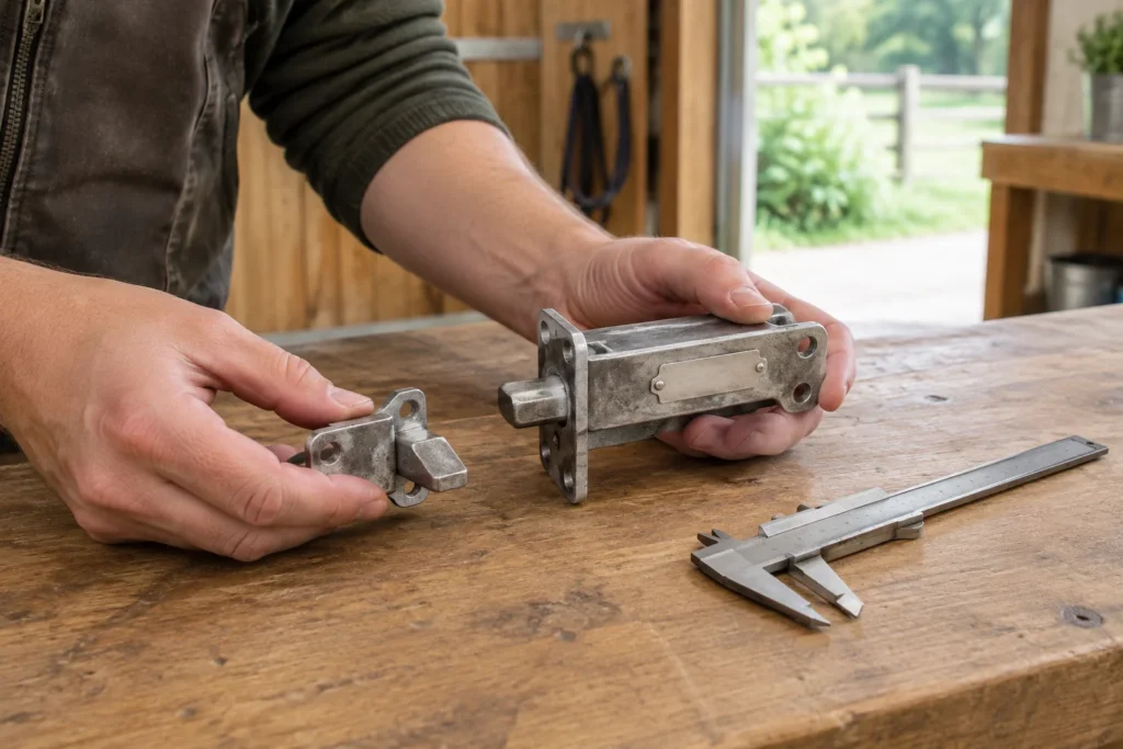 Des mains tiennent deux pièces métalliques de verrou côte à côte, en surplomb d’un établi en bois, avec un pied à coulisse à côté.