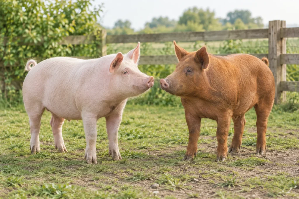 Un porc rose clair et un porc brun roux se font face dans un espace extérieur clôturé.