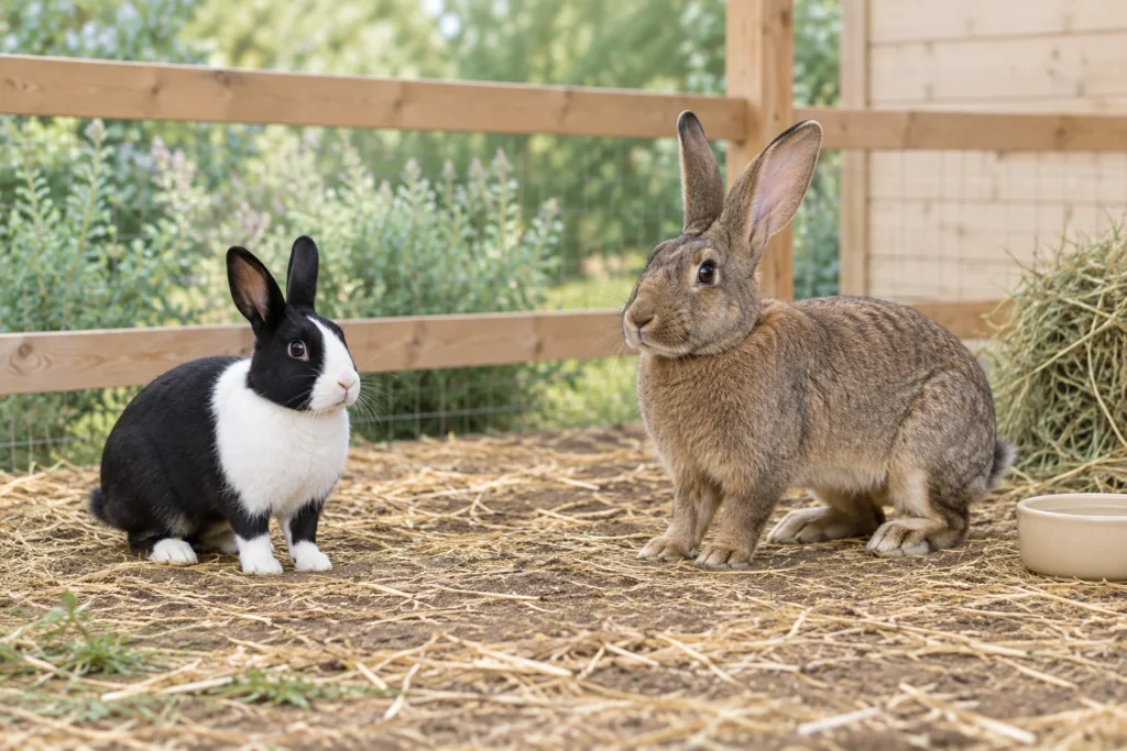 Un petit lapin noir et blanc et un plus grand lapin brun sont ensemble dans un enclos extérieur, avec du foin et un bol d’eau visibles.