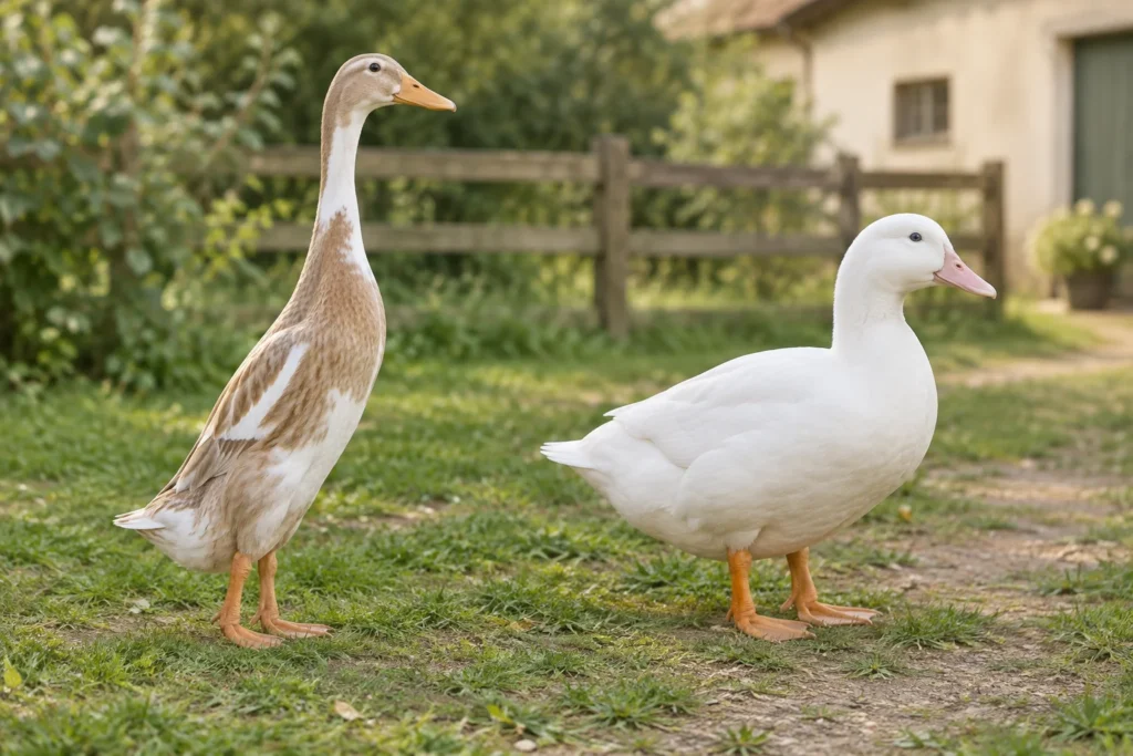 Un canard brun et blanc, mince et dressé, et un canard blanc plus grand au bec rose pâle se tiennent côte à côte dans une cour.